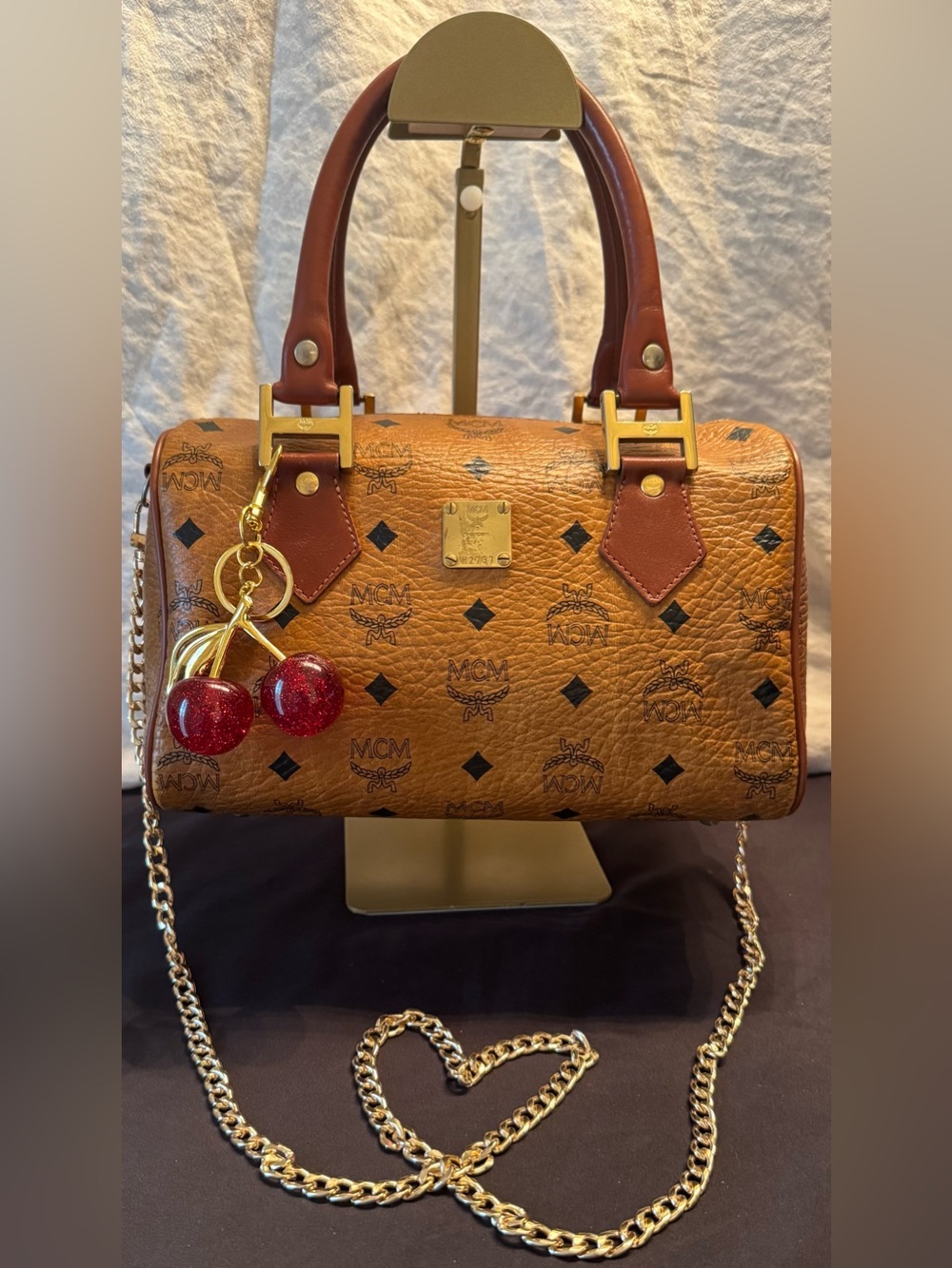 MCM Vintage Cognac Visetos Monogram Boston Bag with Cherry Charm & Chain